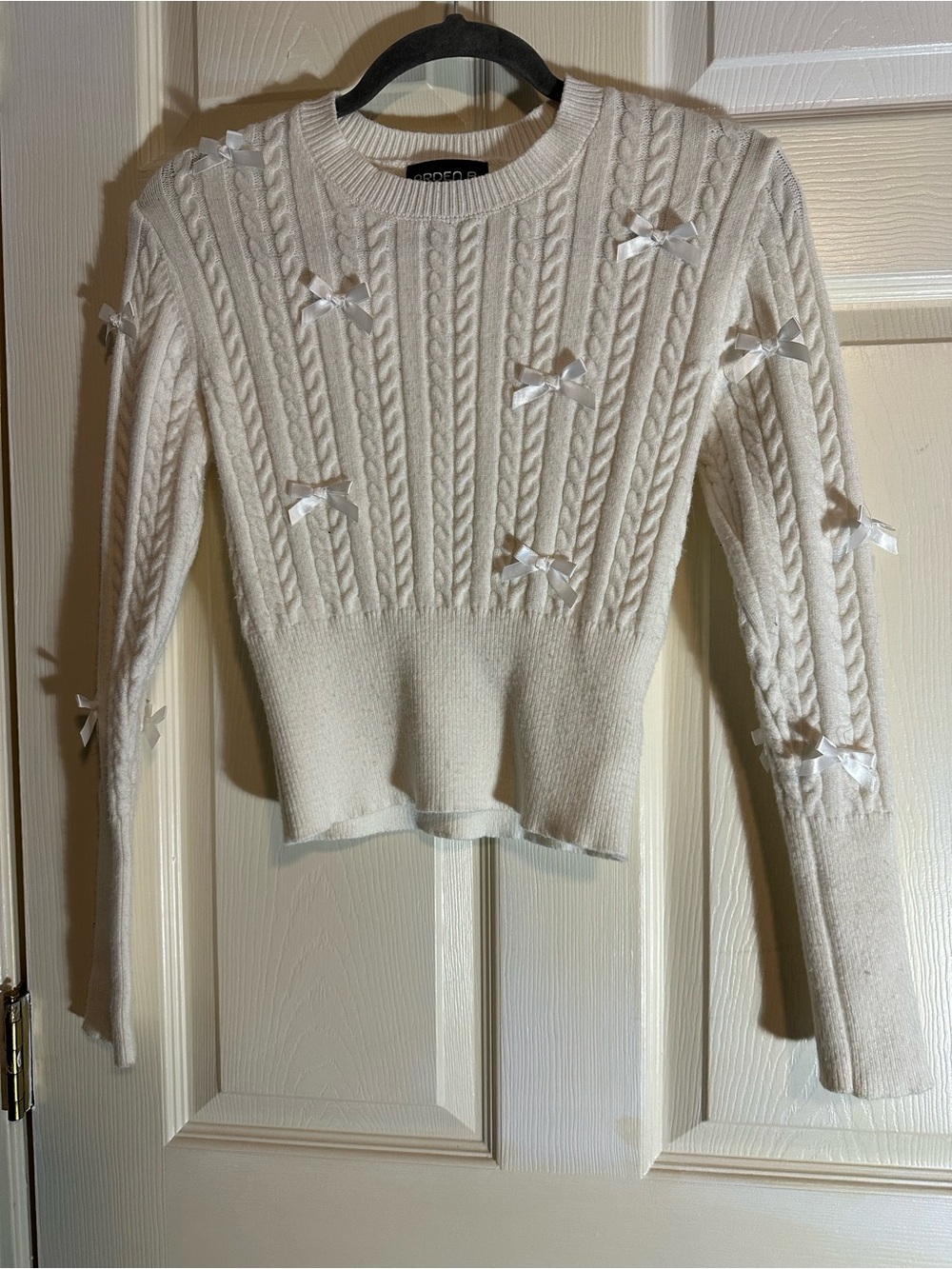 Arden B Cream Cable-Knit Sweater with Satin Bow Accents